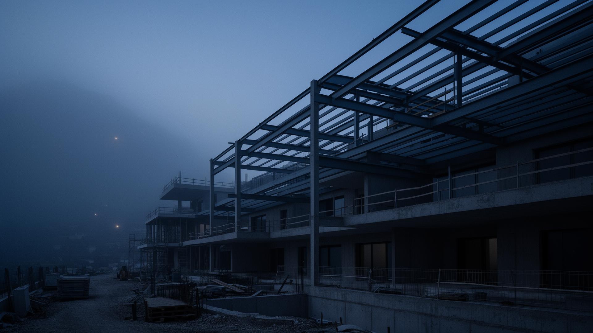 Chantier architectural à l'heure bleue